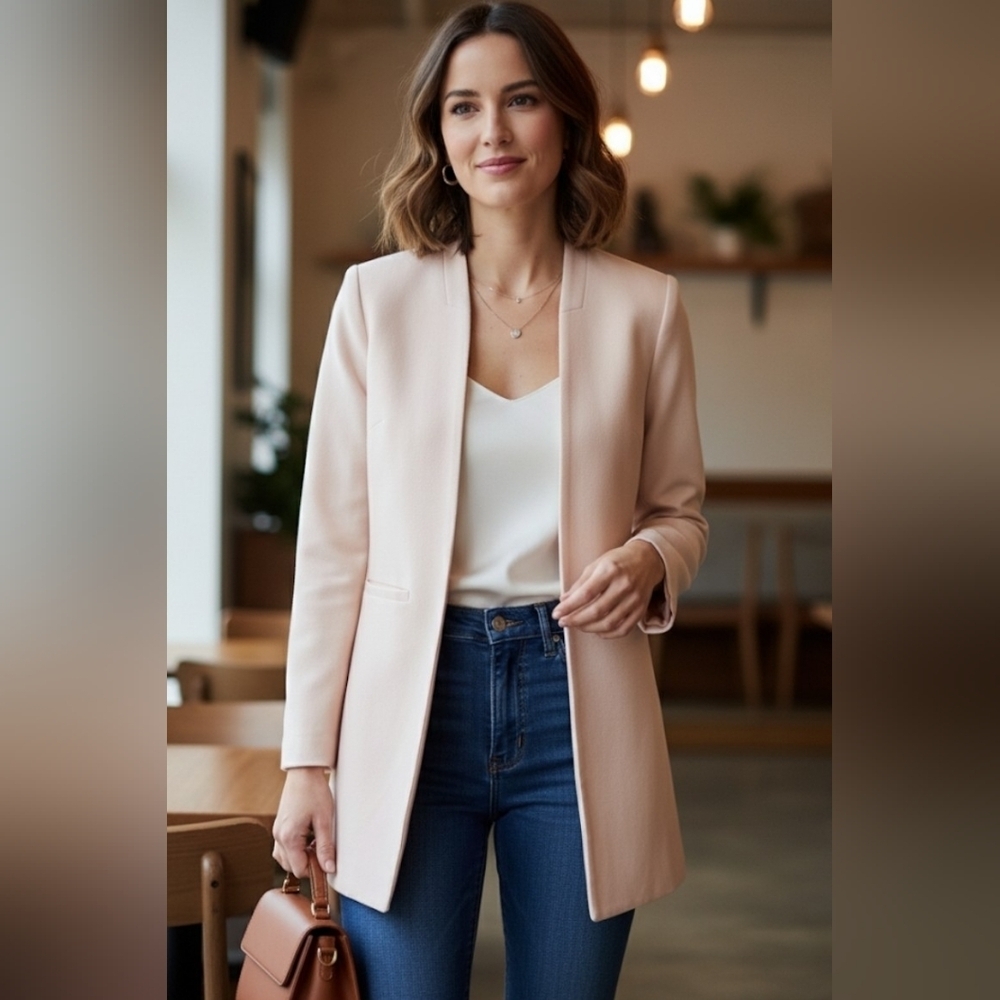 CYNTHIA ROWLEY Longline Open Front Classic Blazer Jacket In Blush Pink Size XS